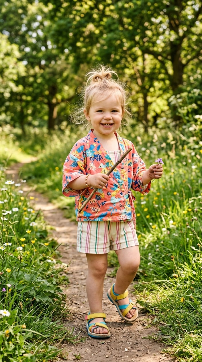 A toddler girl outdoors wearing a lightweight kimono, playsuit, and rubber-soled sandals on a sunny day.