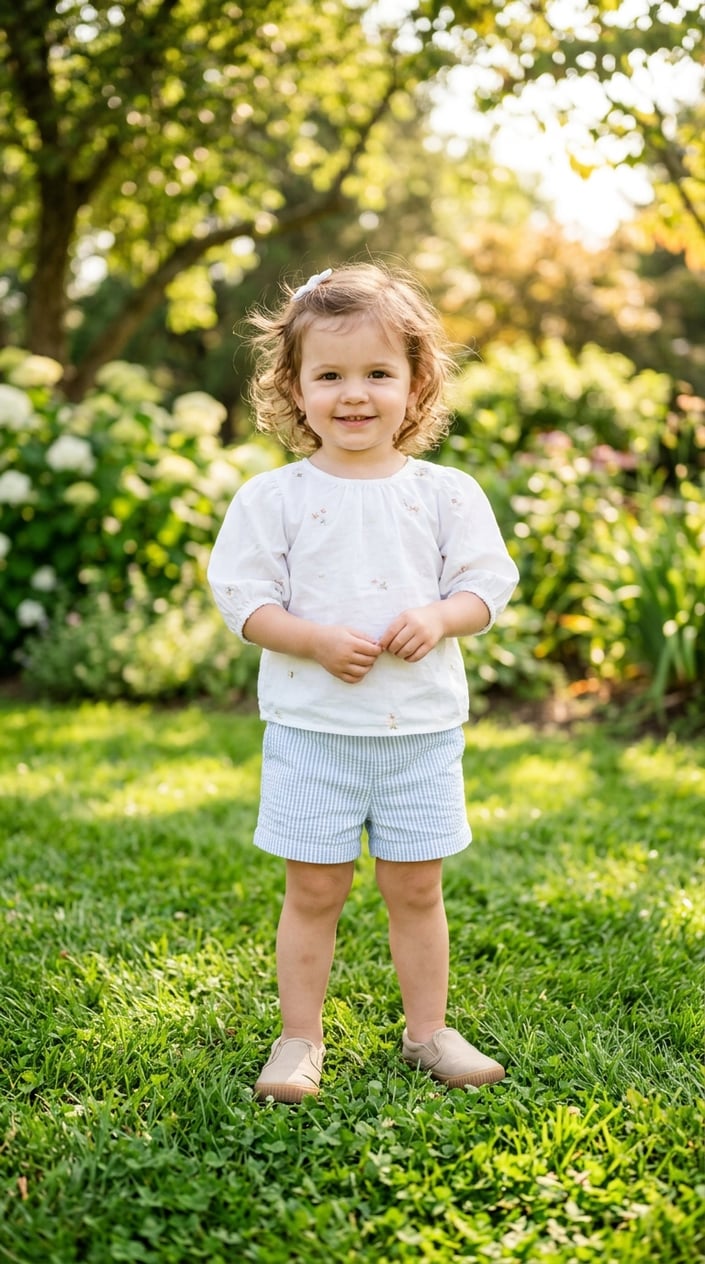 A toddler girl standing outdoors wearing striped shorts, a white puff-sleeve blouse, and canvas slip-on shoes.