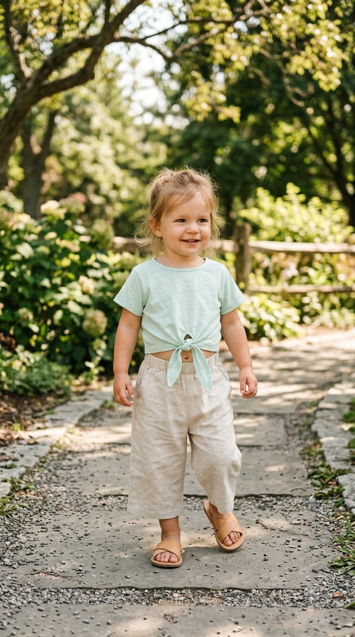 A toddler girl standing outdoors wearing a tie-front crop top, pull-on culottes, and slide sandals.