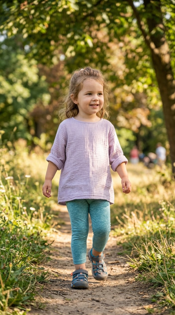 A toddler girl wearing a muslin tunic, leggings, and sport sandals outdoors on a sunny day.