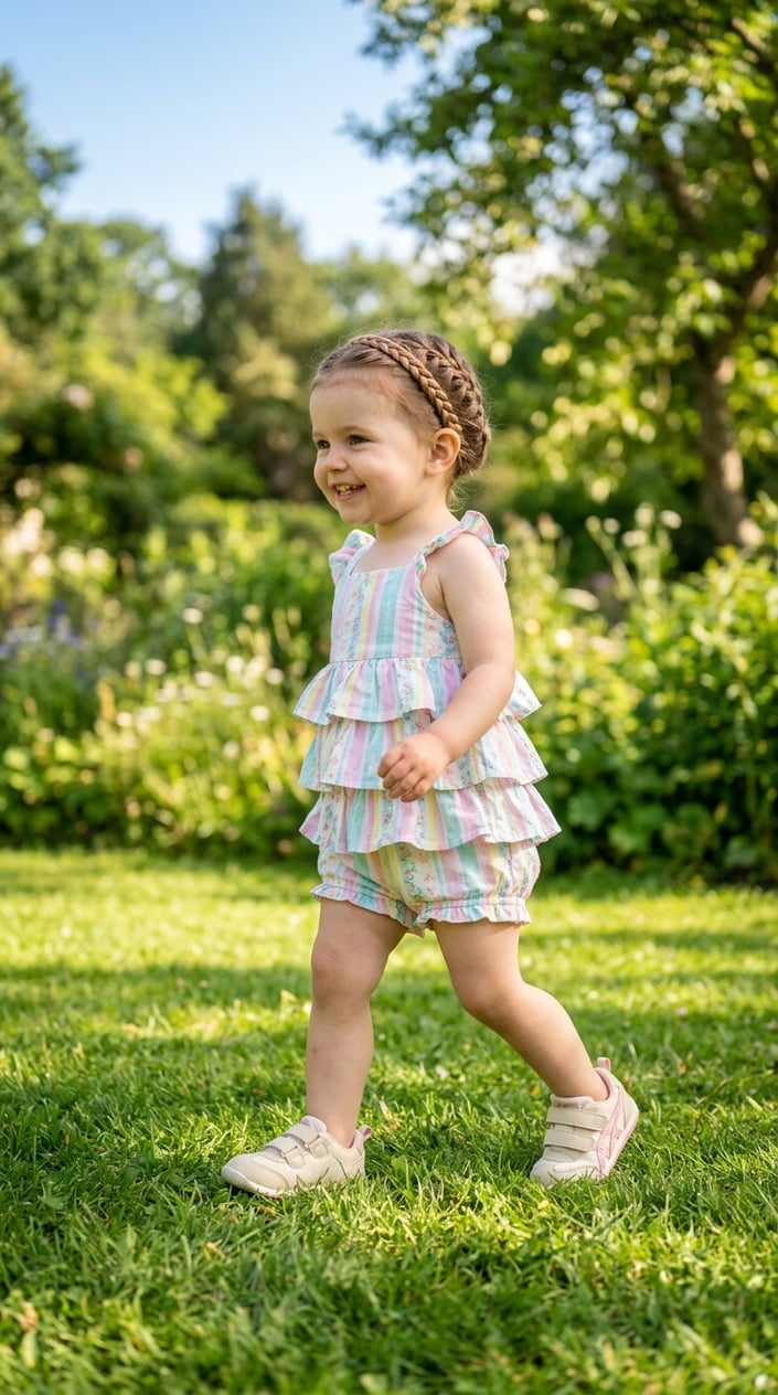 A toddler girl wearing a tiered ruffle romper, braided hairband, and soft-soled sneakers standing outdoors on a sunny day.