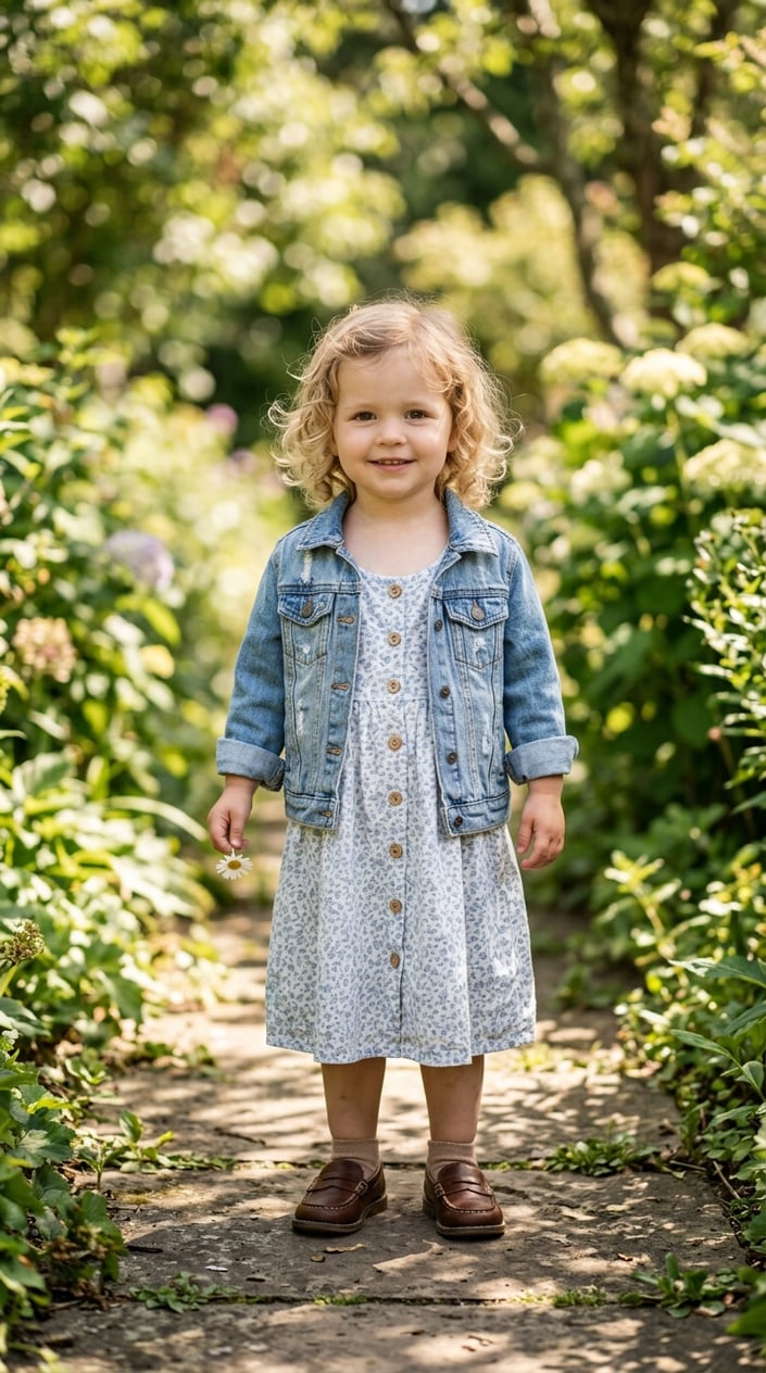 A toddler girl outdoors wearing a button-front midi dress, cropped denim jacket, and loafers.