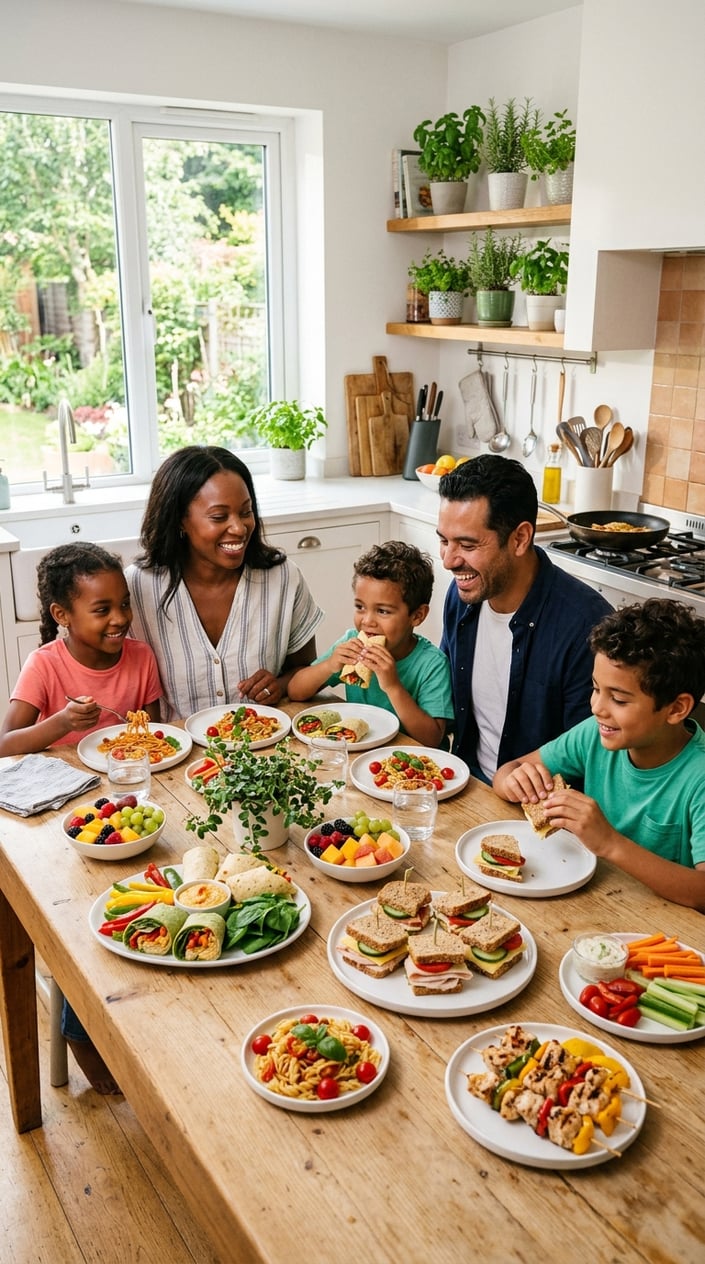 Children and adults sitting at a kitchen table enjoying a variety of homemade kid-friendly meals together.