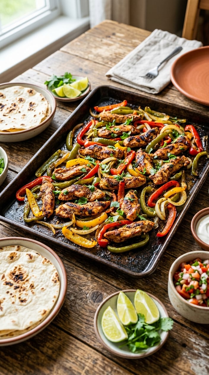 A sheet pan filled with cooked chicken fajitas including grilled chicken strips, bell peppers, and onions, with tortillas and lime wedges on the side.