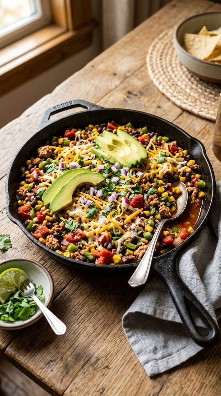 A skillet filled with a colorful turkey taco mixture including beans, corn, tomatoes, and avocado on a wooden table.