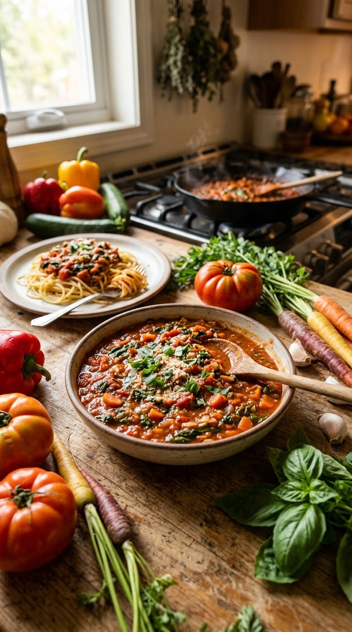 A bowl of homemade spaghetti sauce with hidden vegetables on a wooden countertop surrounded by fresh ingredients and a plate of spaghetti pasta.