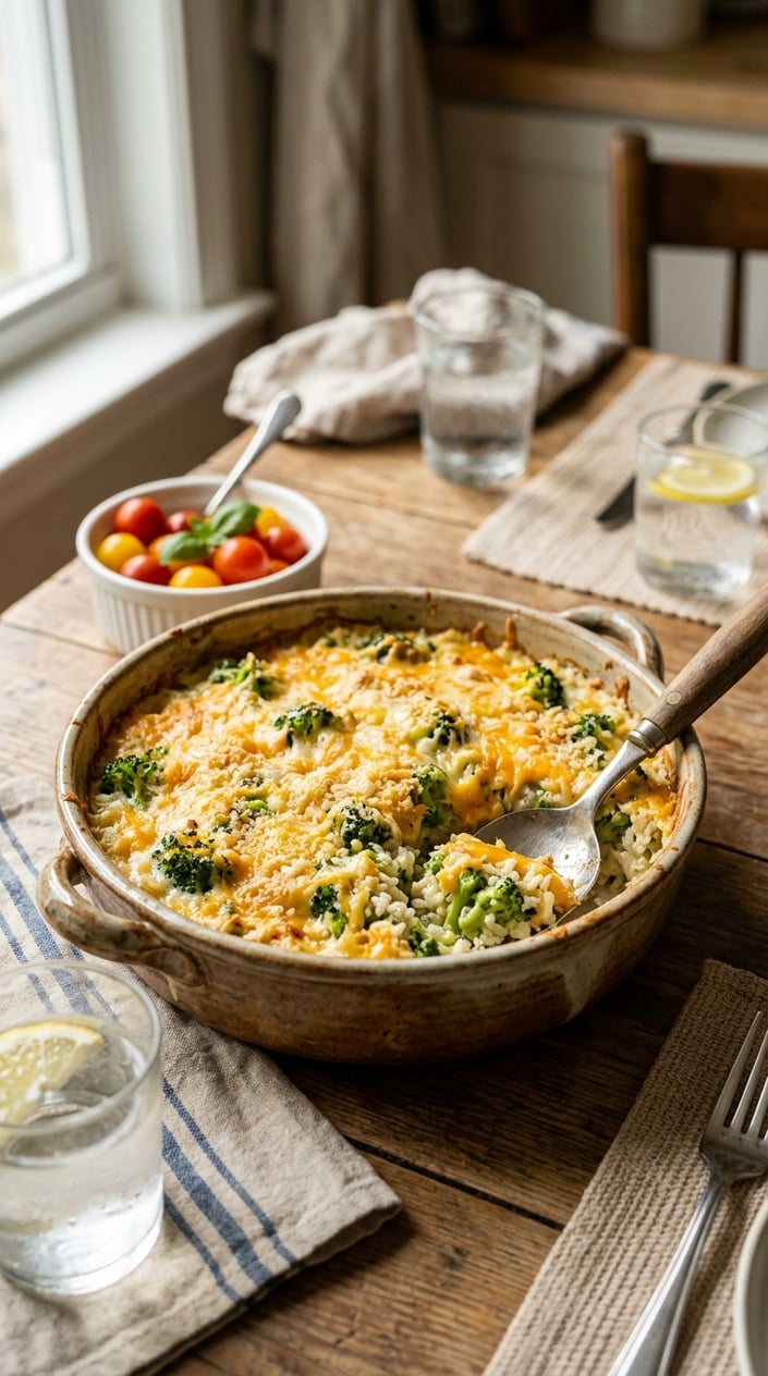 A freshly baked cheesy broccoli rice casserole in a ceramic dish on a wooden table with a serving spoon.