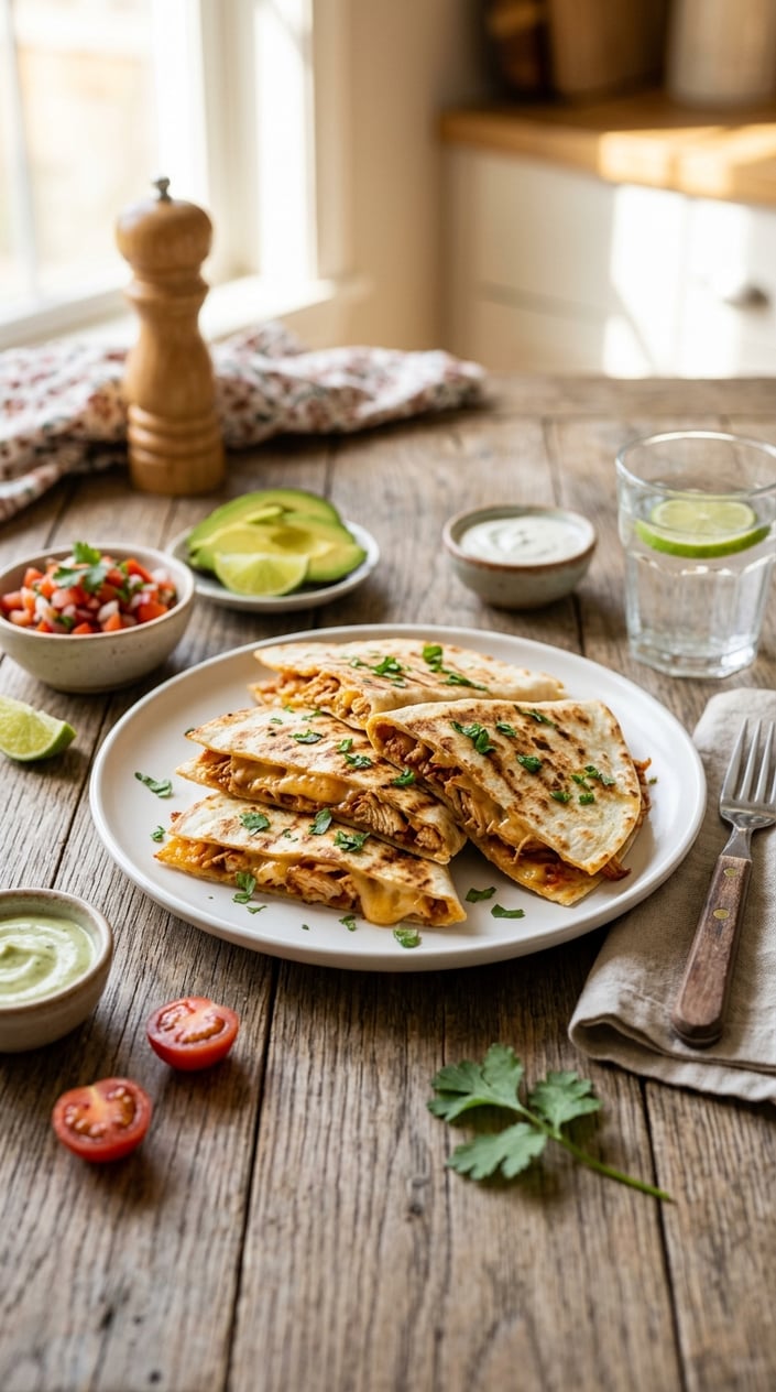 A plate of BBQ chicken quesadillas with fresh avocado slices, cherry tomatoes, lime wedges, and salsa on a wooden table.