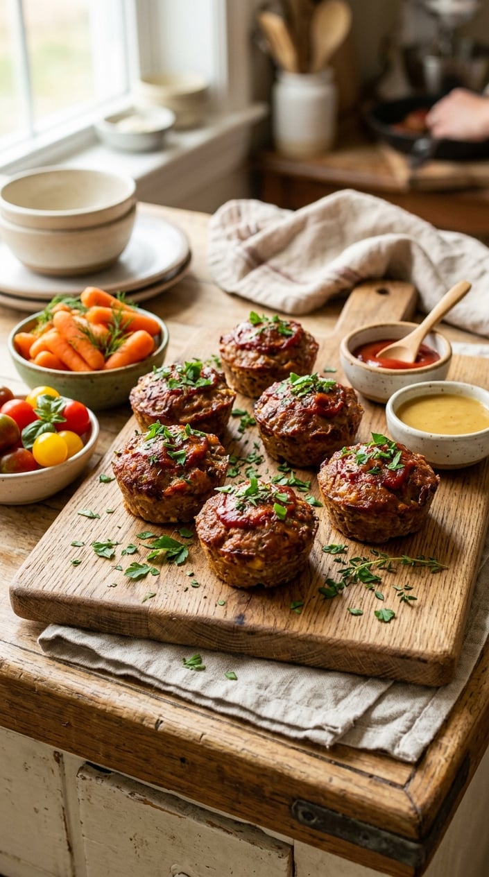 Mini meatloaf muffins on a wooden board with fresh herbs and colorful kid-friendly side dishes on a table.