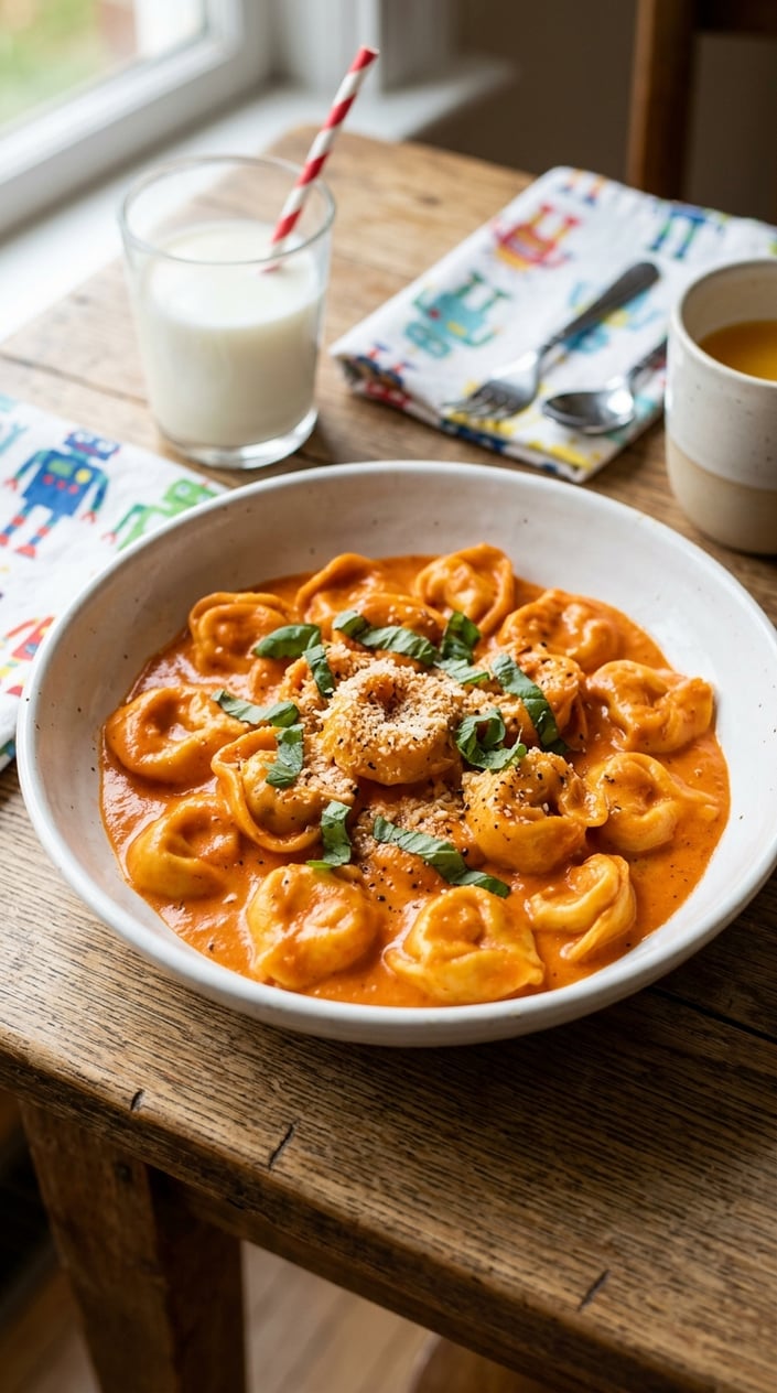 A bowl of creamy tomato tortellini pasta garnished with fresh basil on a wooden table.