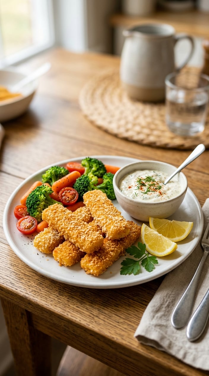 A plate of baked fish sticks with panko crumbs served with dipping sauce, lemon wedges, and steamed vegetables on a kitchen table.