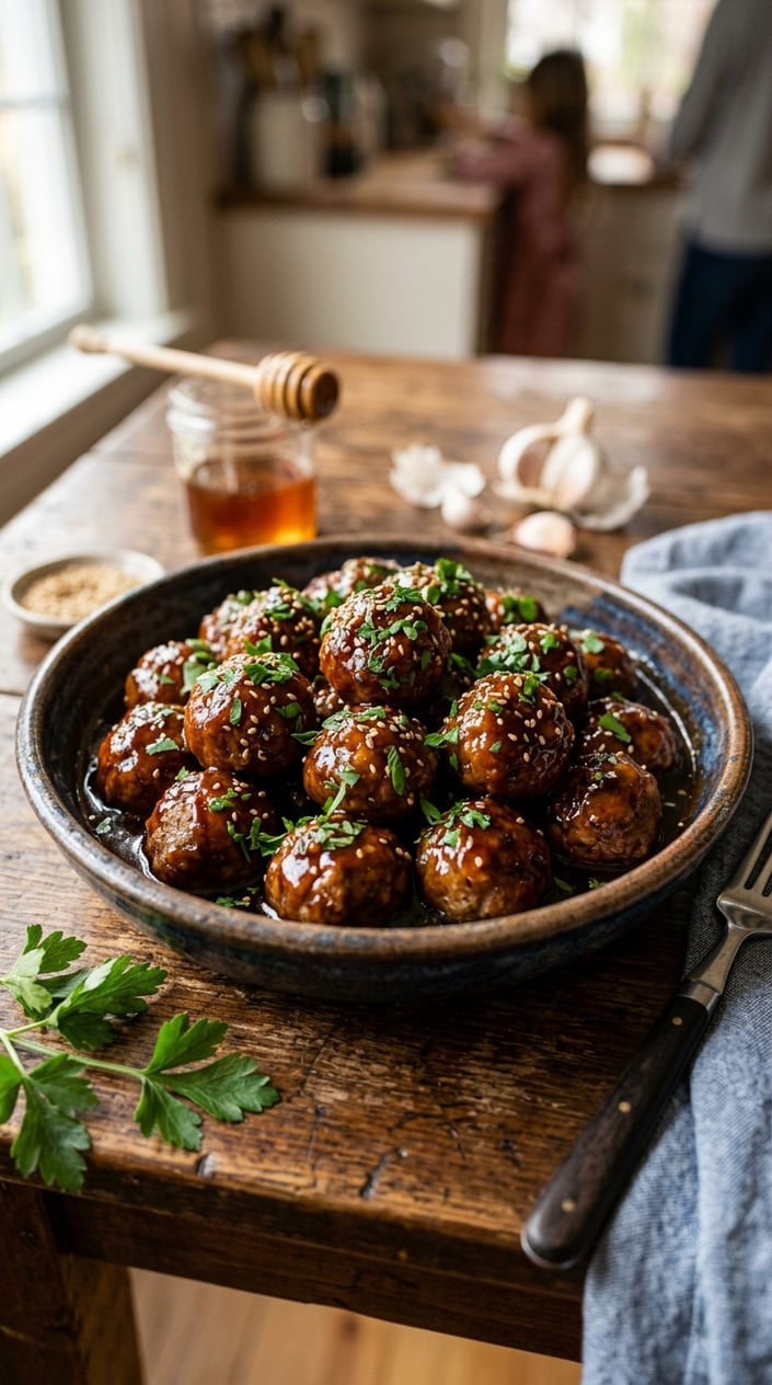 A bowl of glazed honey garlic meatballs garnished with parsley on a wooden table with fresh ingredients nearby.