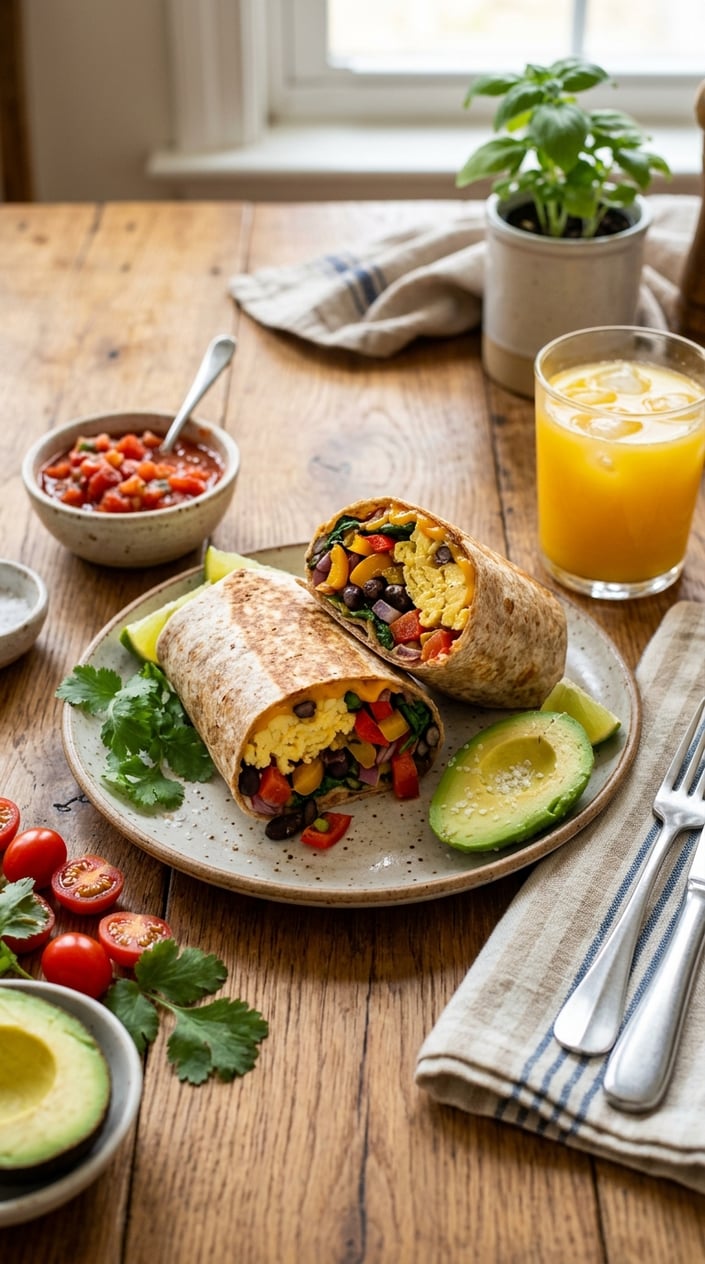 A plate of veggie-stuffed breakfast burritos with fresh vegetables on a wooden table, accompanied by salsa and a glass of orange juice.