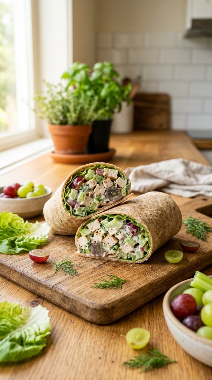 A halved chicken salad wrap with Greek yogurt filling on a wooden board surrounded by lettuce and grapes.