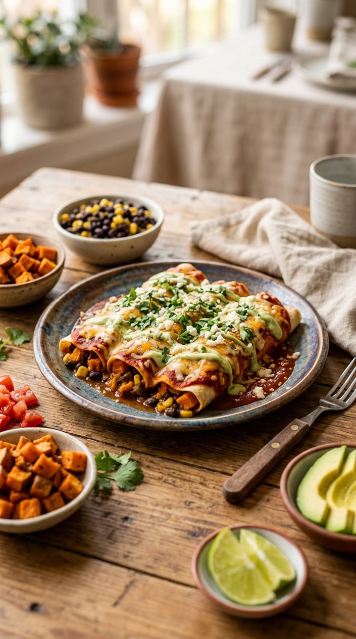 A plate of sweet potato and black bean enchiladas garnished with cilantro and creamy sauce on a wooden table with fresh ingredients around it.