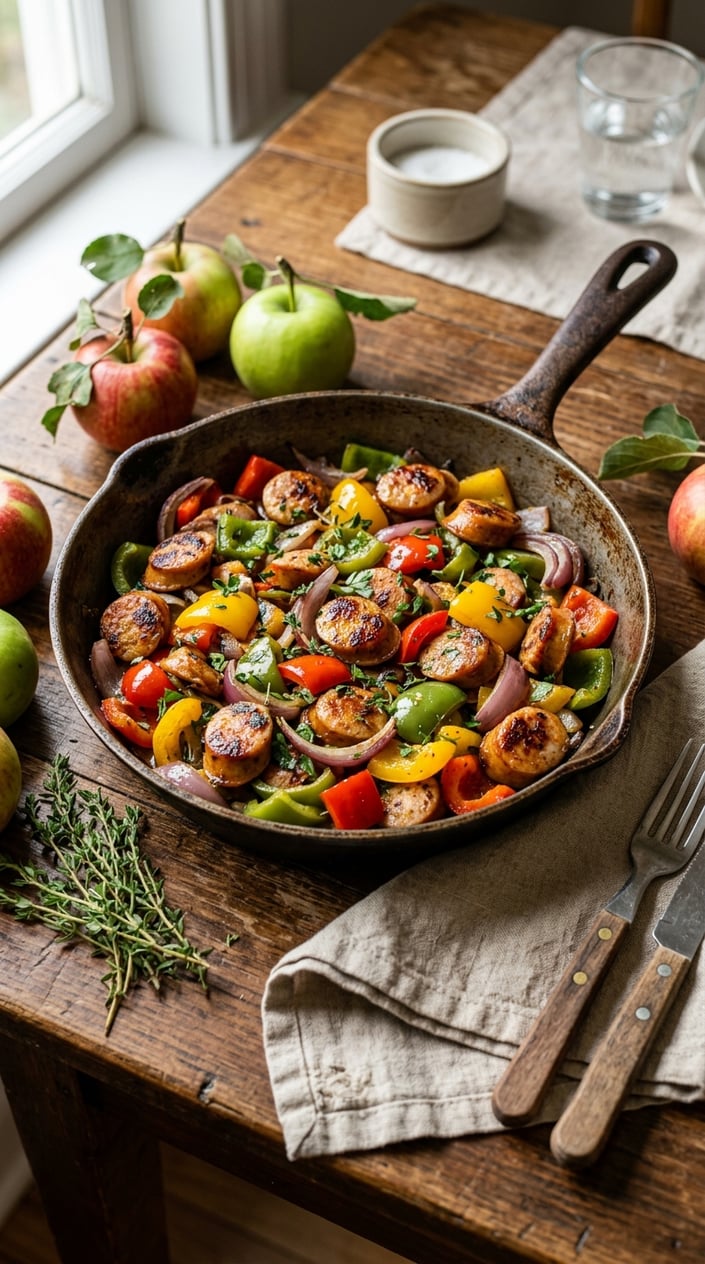 A skillet filled with cooked chicken and apple sausage slices with vegetables on a wooden table.