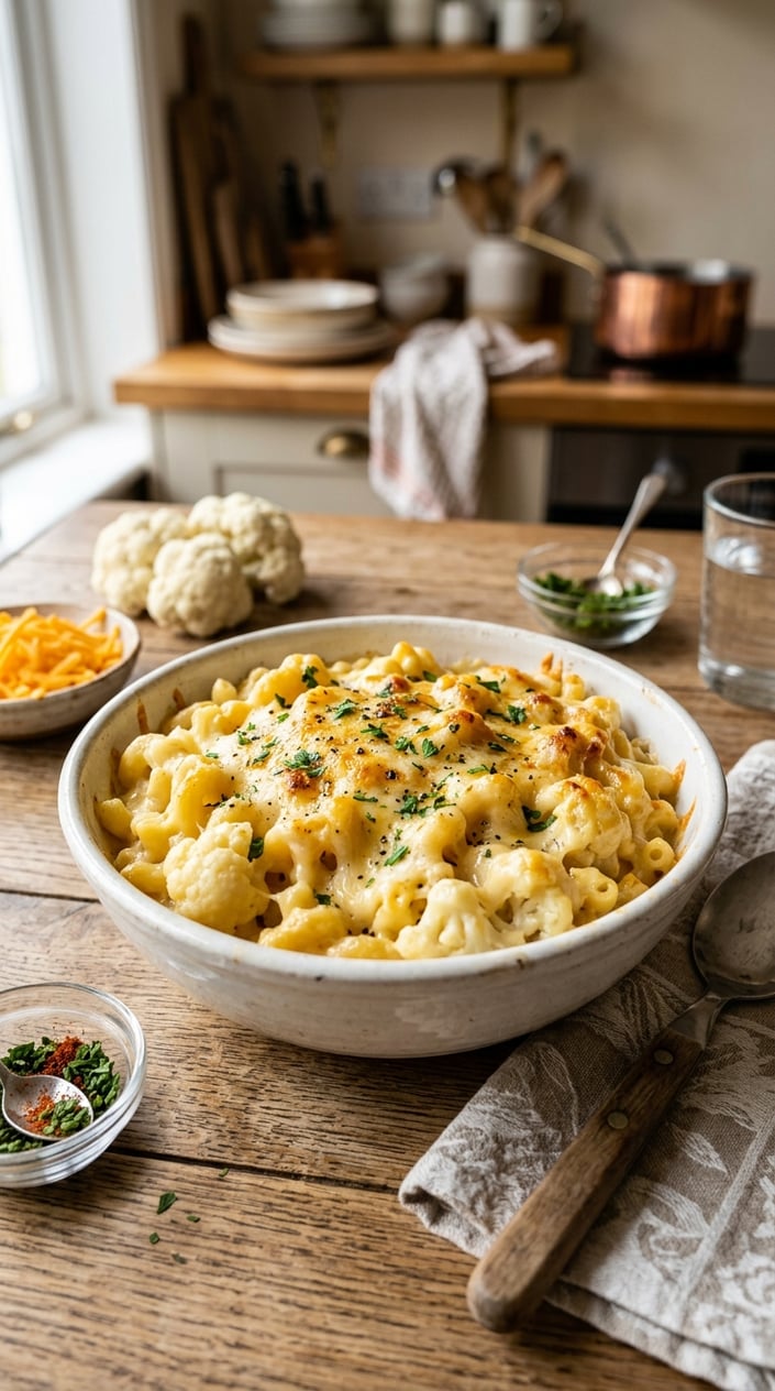 A bowl of creamy cauliflower mac and cheese on a wooden table with fresh ingredients around it.