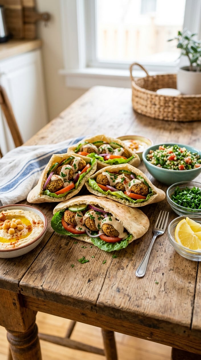 Oven-baked falafel pita pockets filled with fresh vegetables and sauce on a wooden table with small bowls of side dishes.
