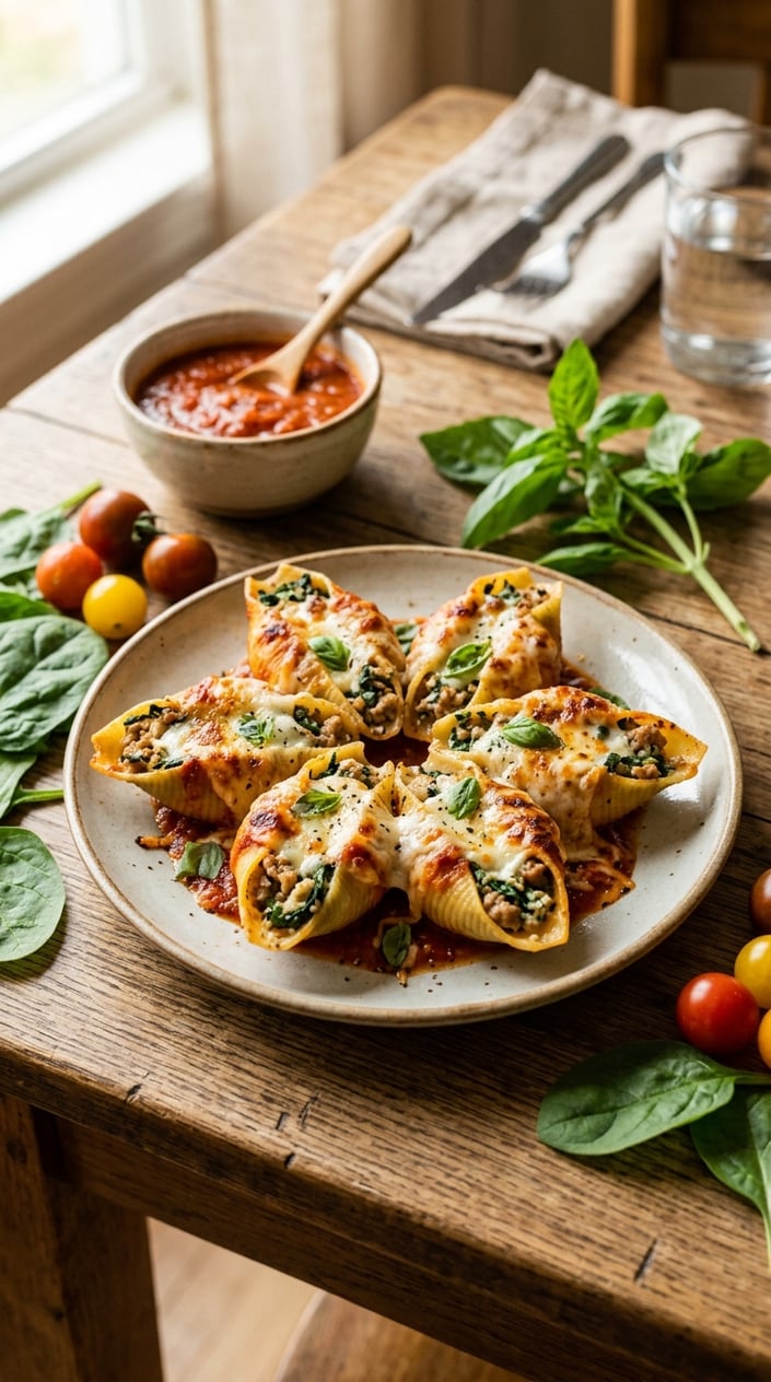 A plate of turkey and spinach stuffed pasta shells topped with melted cheese, surrounded by fresh spinach and cherry tomatoes on a wooden table.