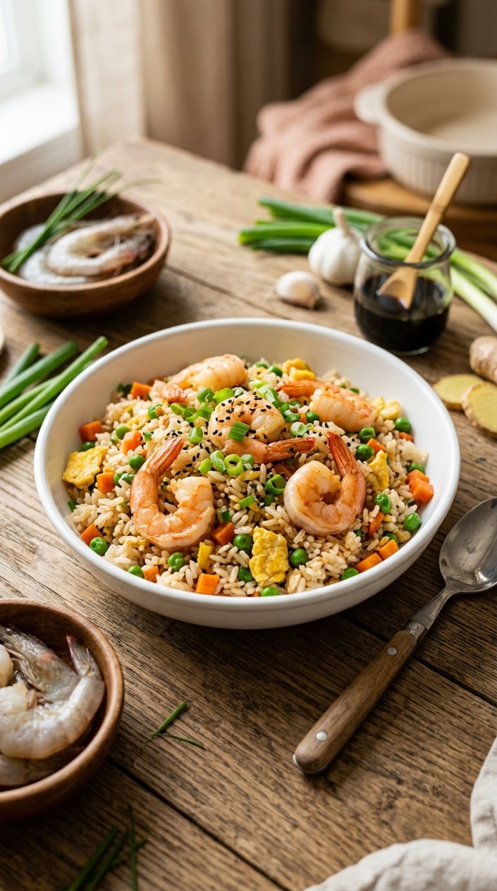 A bowl of shrimp fried rice with colorful vegetables on a wooden table surrounded by fresh ingredients.