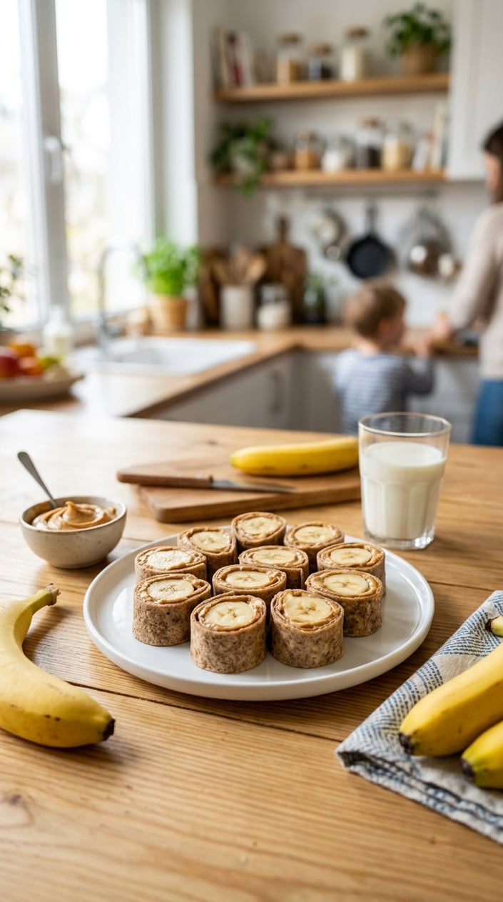 A plate of peanut butter banana roll-ups sliced and arranged on a table with bananas, peanut butter, and a glass of milk nearby.