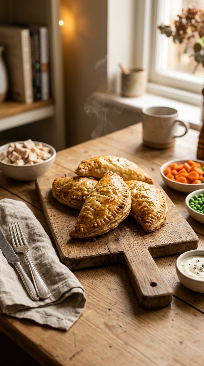 Golden chicken pot pie turnovers on a wooden board with fresh vegetables and sauce nearby on a kitchen table.