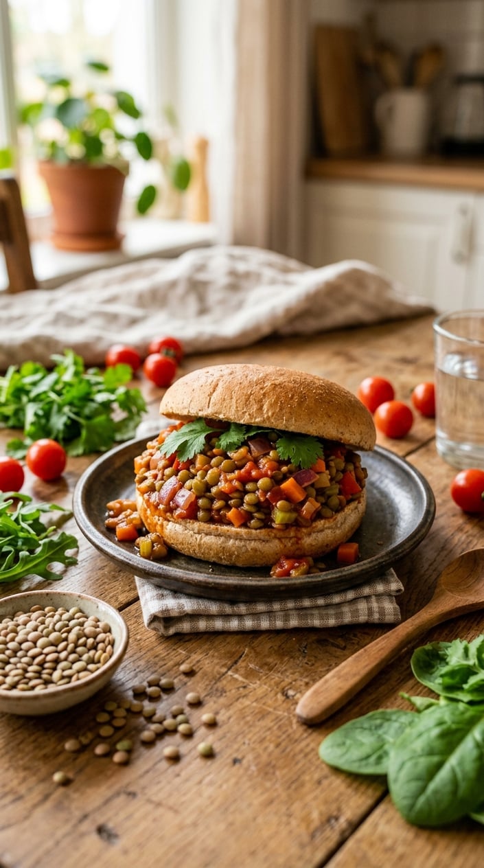 A plate of lentil sloppy joes sandwiches with vegetable filling on a wooden table, surrounded by fresh ingredients.