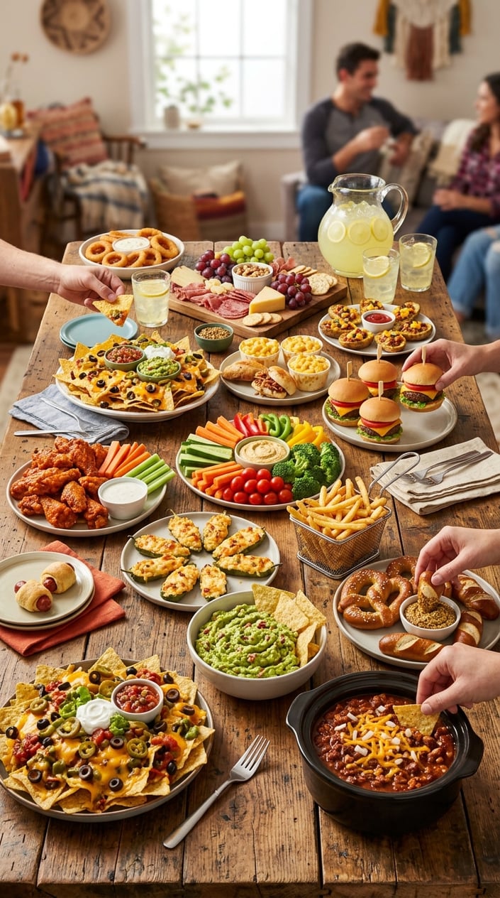 16 Game Day Recipes That Feed the Crowd When You Didn't Sign Up For Anything 2 A large table filled with a variety of game day dishes including wings, sliders, nachos, vegetables with dips, and drinks, with people reaching to grab food.