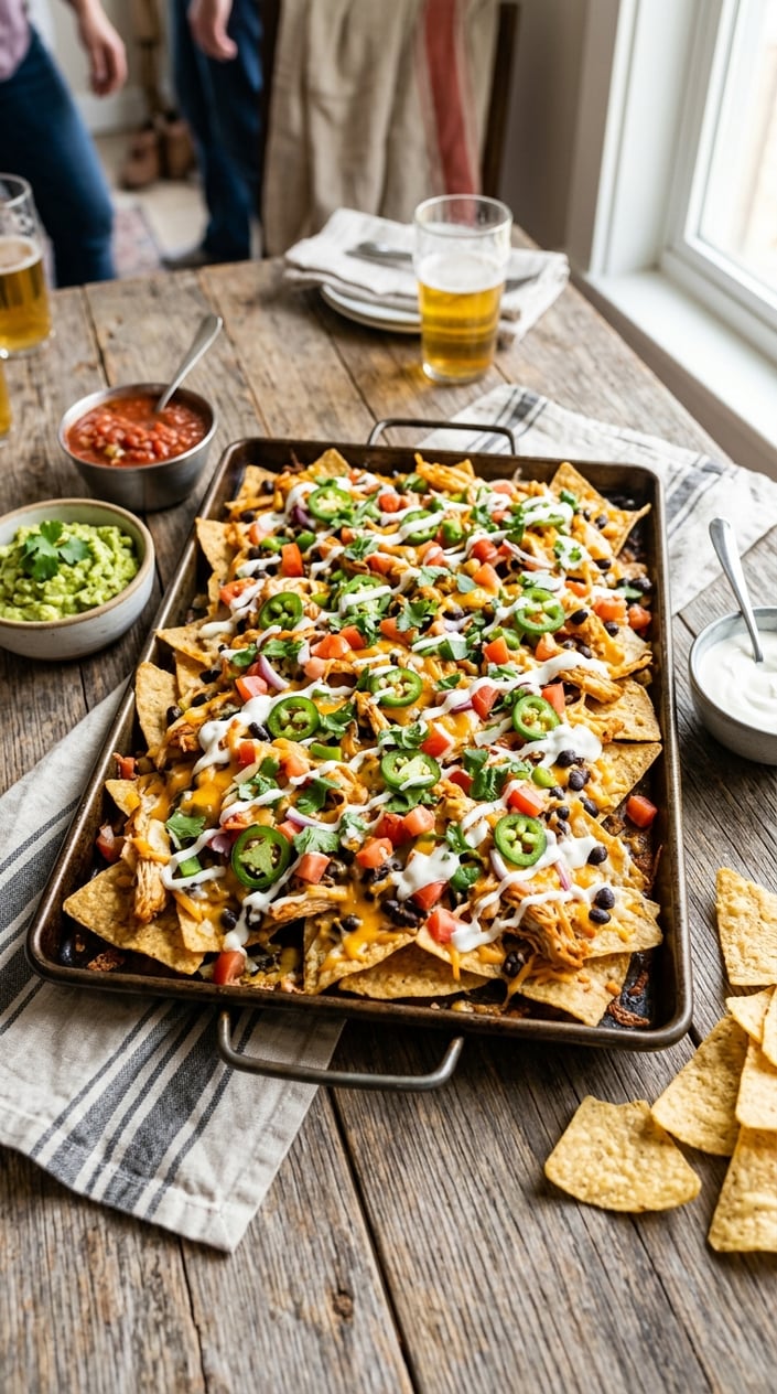 16 Game Day Recipes That Feed the Crowd When You Didn't Sign Up For Anything 3 Sheet pan filled with loaded nachos topped with shredded rotisserie chicken and various toppings on a wooden table with bowls of salsa, guacamole, and sour cream nearby.