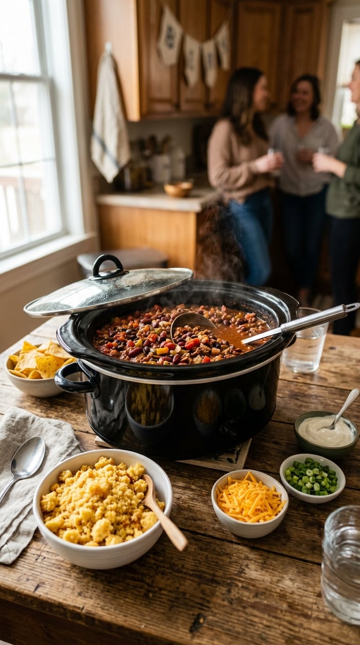 16 Game Day Recipes That Feed the Crowd When You Didn't Sign Up For Anything 4 A slow-cooker filled with chili and a bowl of crumbled cornbread topping on a wooden table with small bowls of cheese, green onions, and sour cream nearby.
