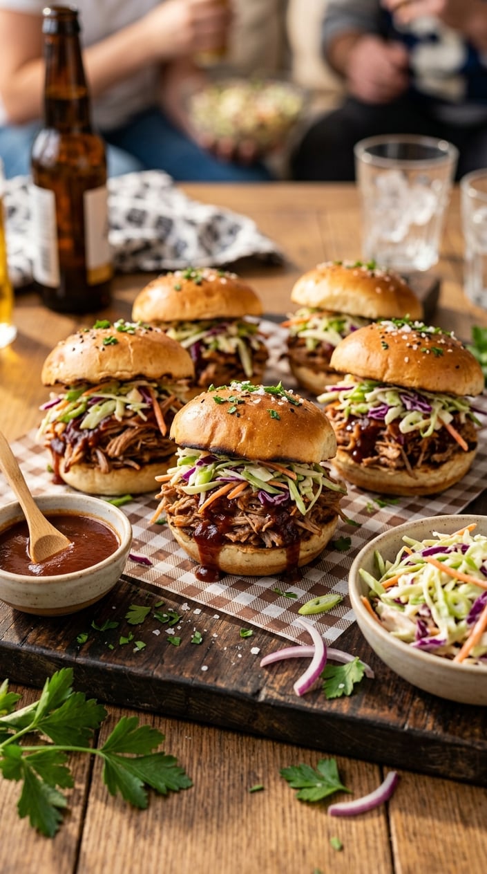 16 Game Day Recipes That Feed the Crowd When You Didn't Sign Up For Anything 5 A plate of pulled-pork sliders topped with coleslaw on toasted buns, served on a wooden board with small bowls of coleslaw and barbecue sauce nearby.