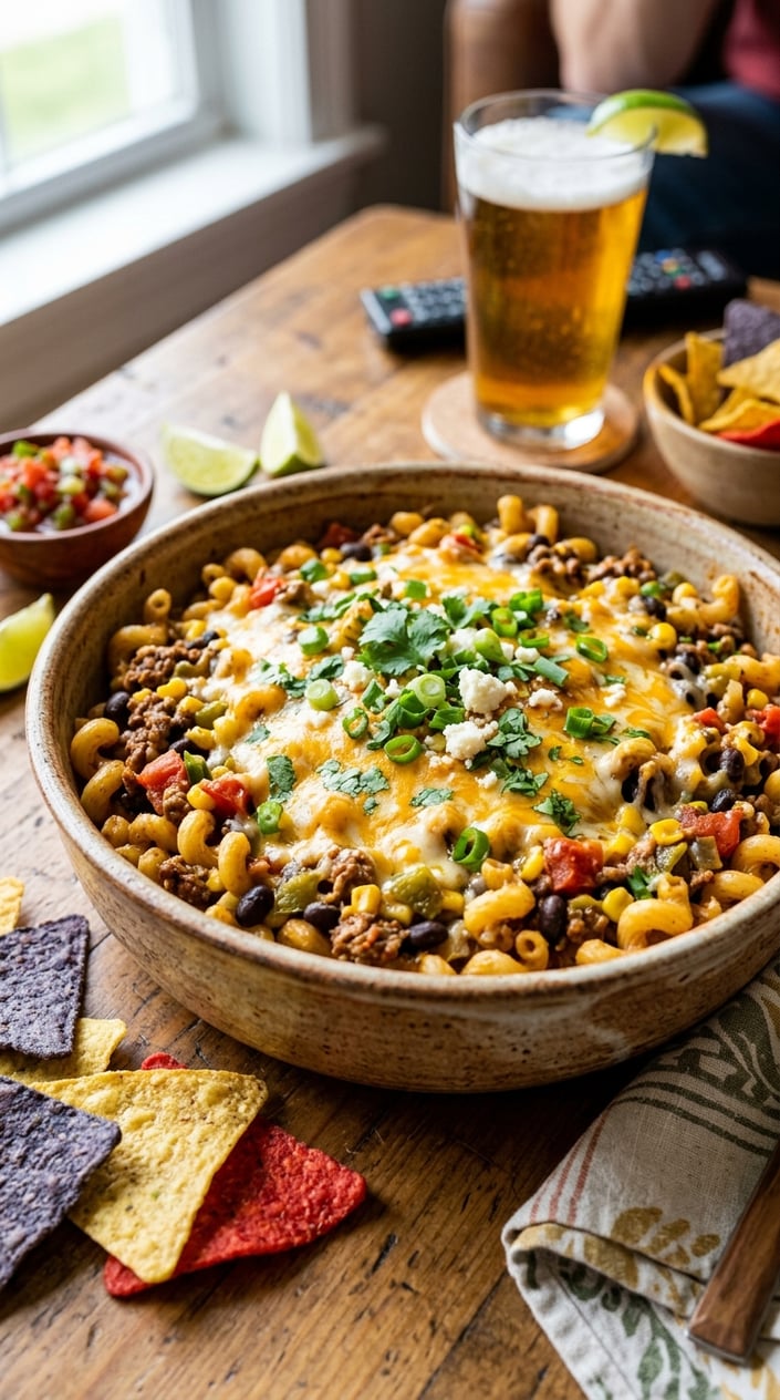 16 Game Day Recipes That Feed the Crowd When You Didn't Sign Up For Anything 6 A bowl of cheesy taco pasta with ground beef, beans, corn, tomatoes, and fresh herbs on a wooden table with tortilla chips nearby.