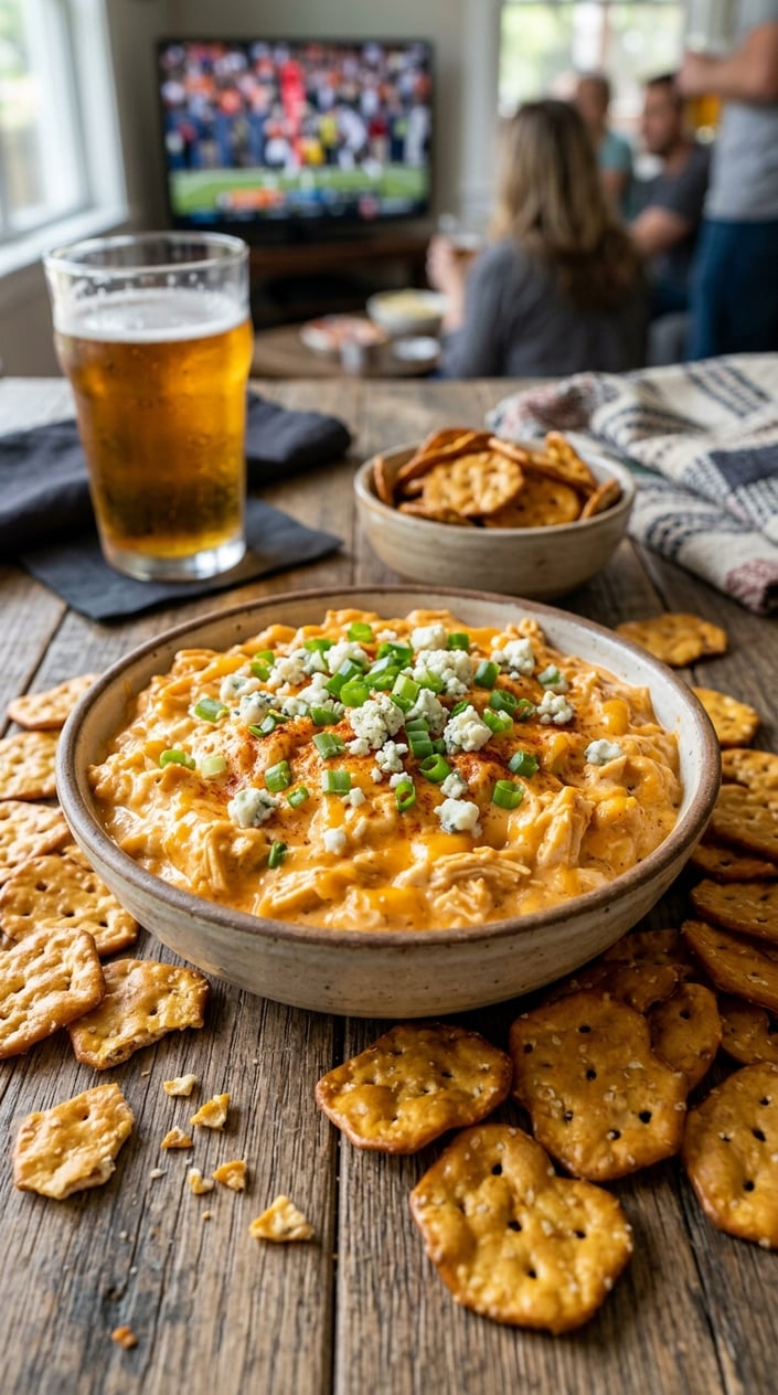 16 Game Day Recipes That Feed the Crowd When You Didn't Sign Up For Anything 7 A bowl of buffalo chicken dip surrounded by pretzel chips on a wooden table.