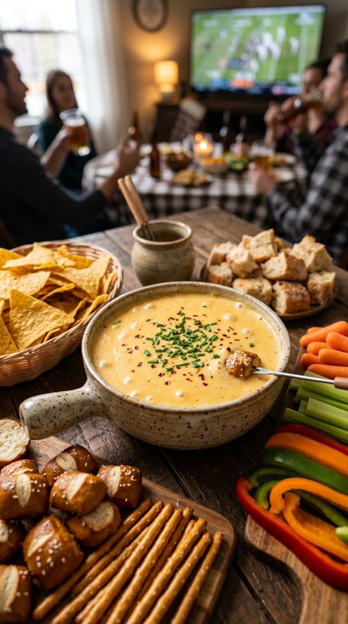 16 Game Day Recipes That Feed the Crowd When You Didn't Sign Up For Anything 9 A bowl of creamy nacho cheese beer cheese fondue surrounded by tortilla chips, pretzel bites, vegetables, and bread on a wooden table.