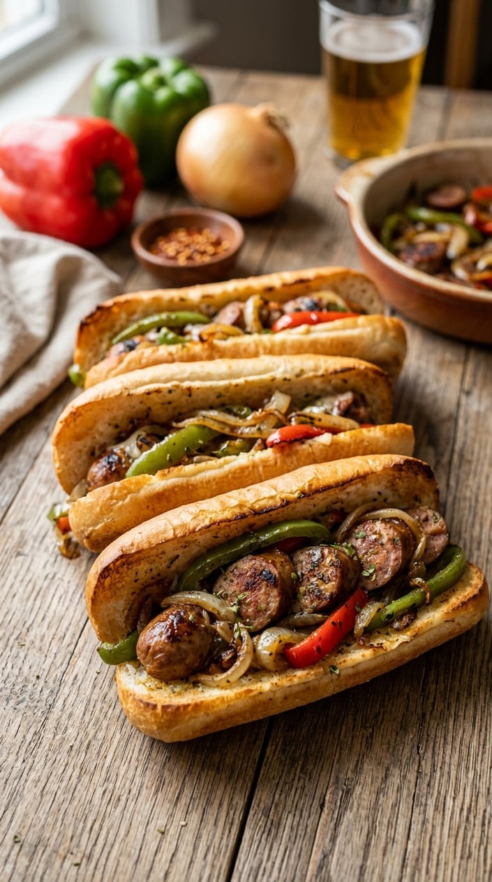 16 Game Day Recipes That Feed the Crowd When You Didn't Sign Up For Anything 10 Several sausage, peppers, and onions hoagies on a wooden table with fresh ingredients in the background.