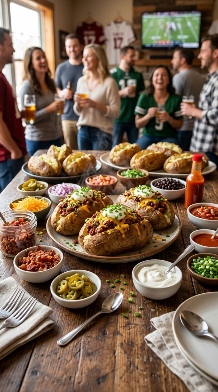 16 Game Day Recipes That Feed the Crowd When You Didn't Sign Up For Anything 11 A table with baked potatoes topped with chili, cheese, sour cream, and chives, surrounded by bowls of various toppings for a game day meal.