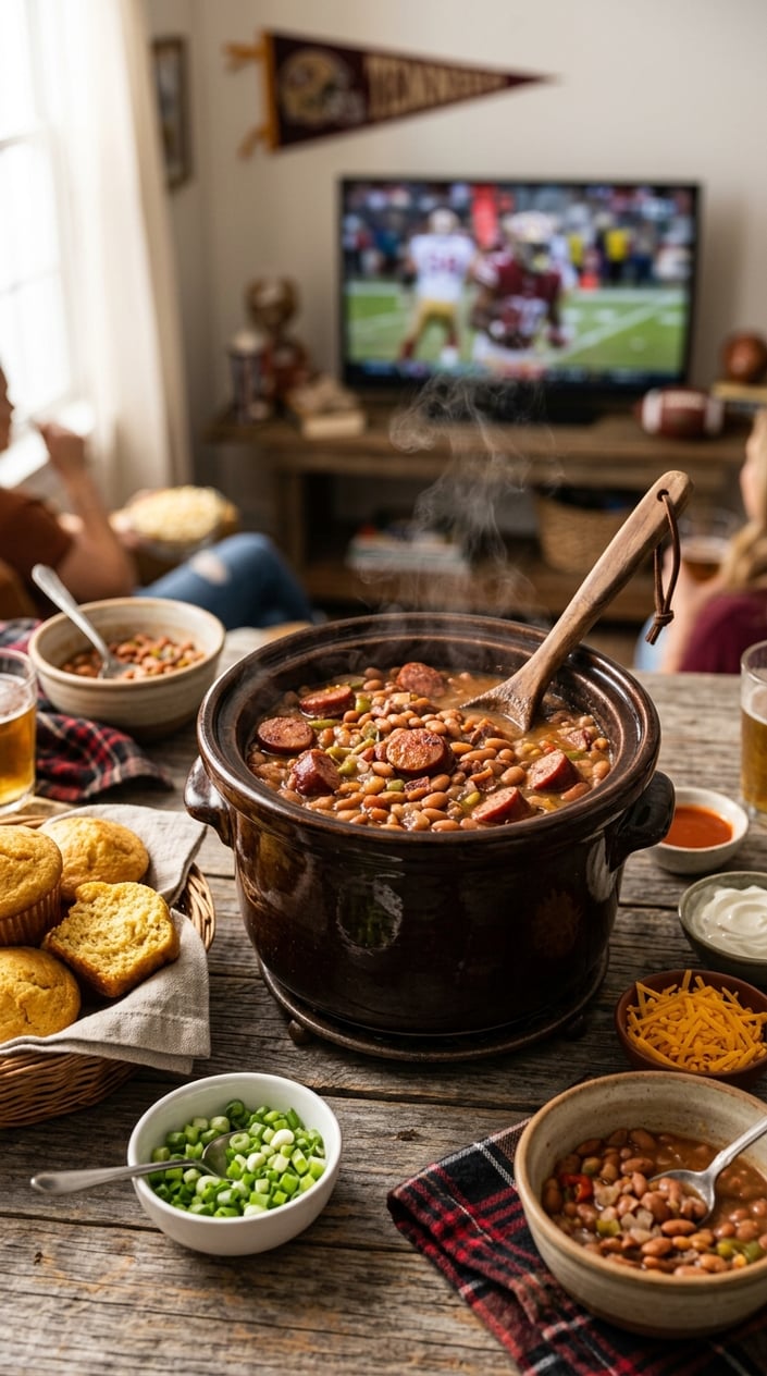 16 Game Day Recipes That Feed the Crowd When You Didn't Sign Up For Anything 12 A crockpot filled with cowboy beans and smoked sausage on a wooden table surrounded by cornbread muffins and bowls of toppings.