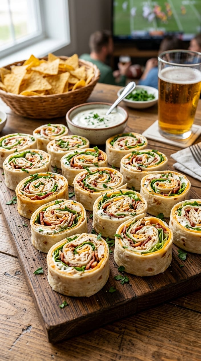 16 Game Day Recipes That Feed the Crowd When You Didn't Sign Up For Anything 13 A platter of chicken bacon ranch pinwheels arranged on a wooden board with a bowl of dipping sauce and tortilla chips nearby.