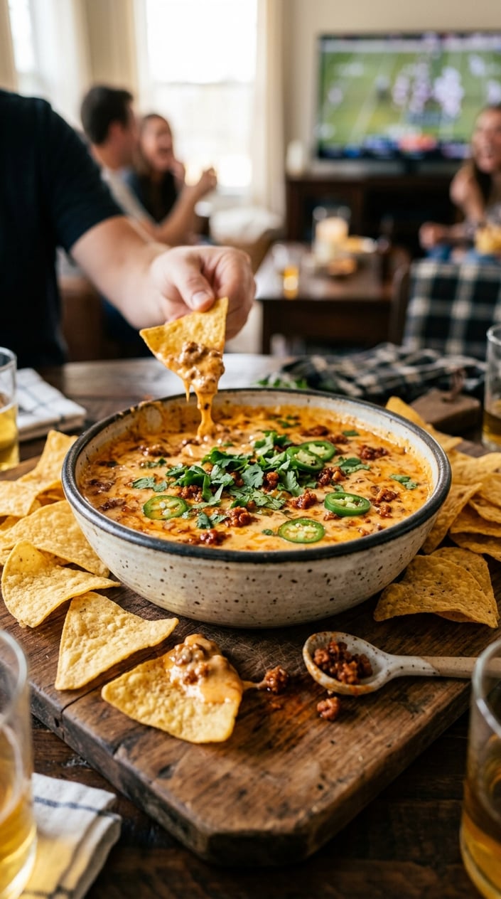 16 Game Day Recipes That Feed the Crowd When You Didn't Sign Up For Anything 14 A bowl of melted queso with chorizo, garnished with cilantro and jalapeños, surrounded by tortilla chips on a wooden board.