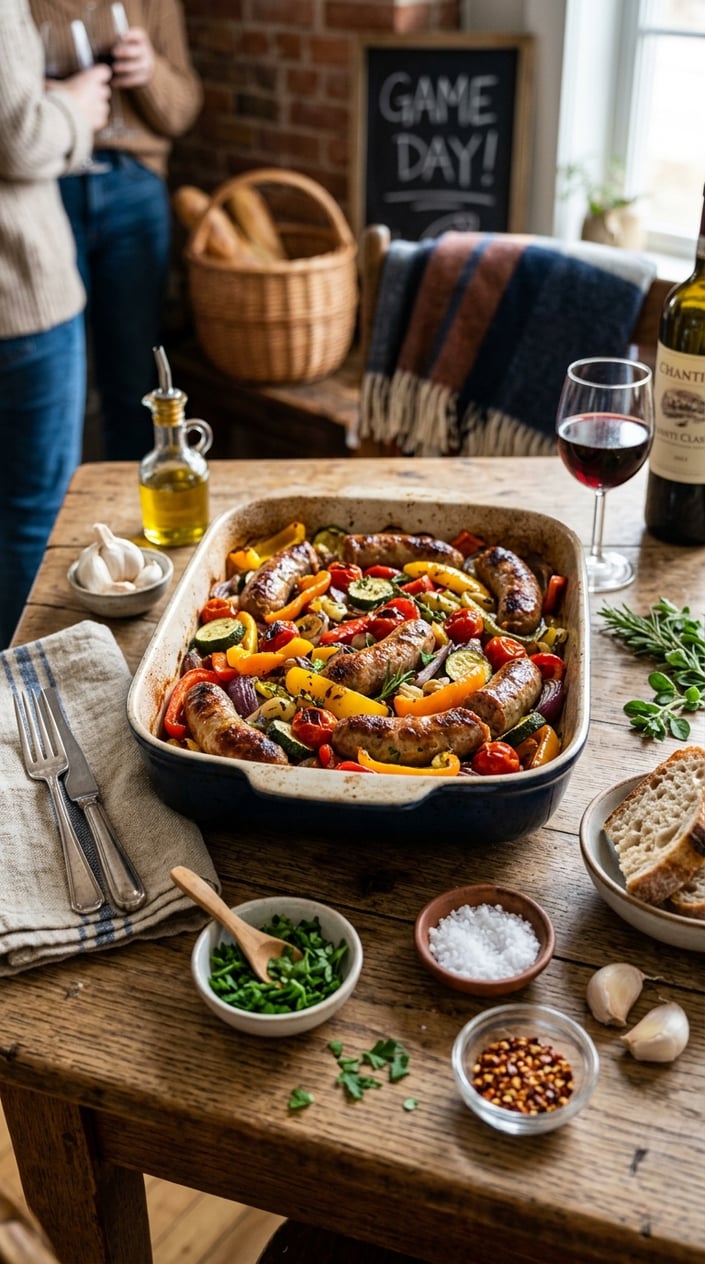 16 Game Day Recipes That Feed the Crowd When You Didn't Sign Up For Anything 15 A plate of Italian sausage with roasted vegetables on a wooden table surrounded by small bowls of herbs and olive oil.