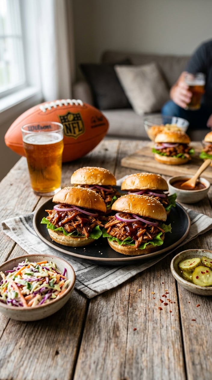 16 Game Day Recipes That Feed the Crowd When You Didn't Sign Up For Anything 16 Plate of BBQ pulled jackfruit sliders with lettuce and onions on a wooden table, accompanied by side dishes and a beverage in a casual game day setting.