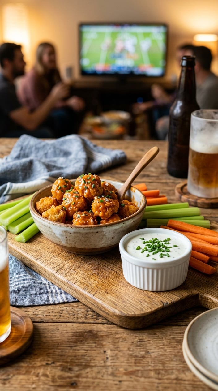 16 Game Day Recipes That Feed the Crowd When You Didn't Sign Up For Anything 17 A bowl of buffalo cauliflower bites with a side of blue cheese dip, celery, and carrot sticks on a wooden table set for a game day snack.