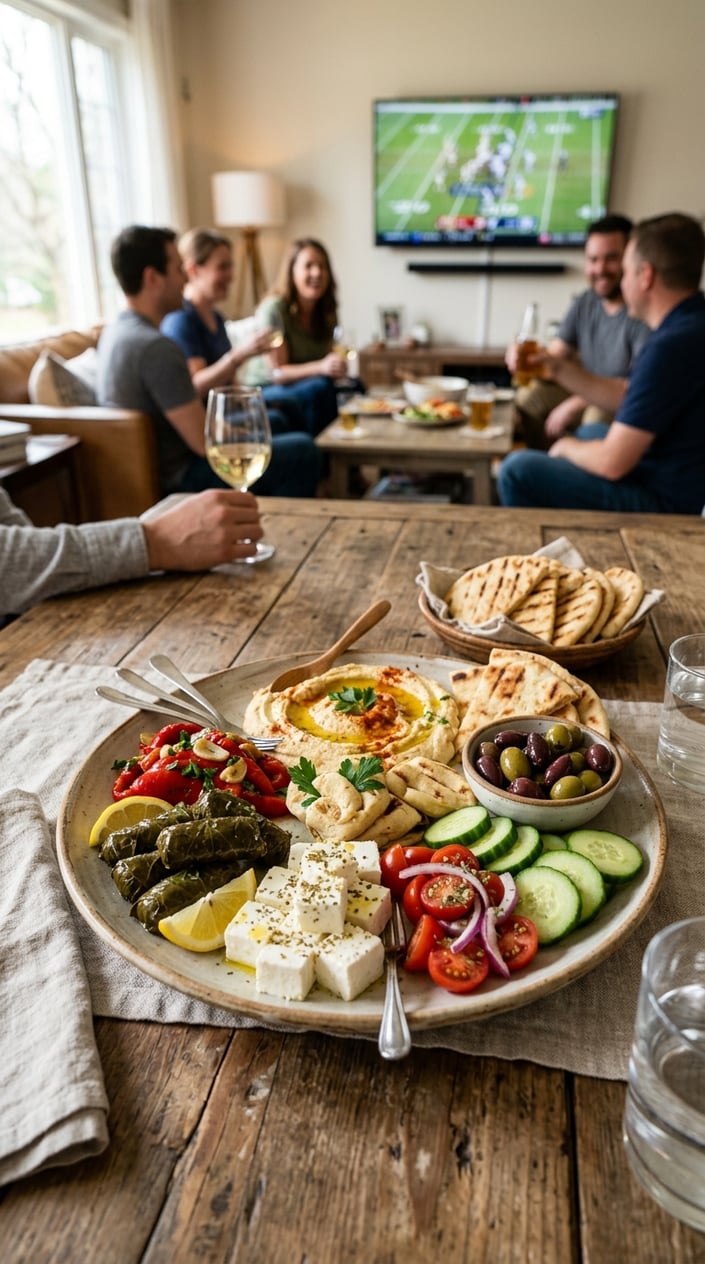 16 Game Day Recipes That Feed the Crowd When You Didn't Sign Up For Anything 18 A Greek mezze platter with hummus, pita bread, olives, cucumbers, tomatoes, feta cheese, dolmas, and roasted red peppers on a wooden table.
