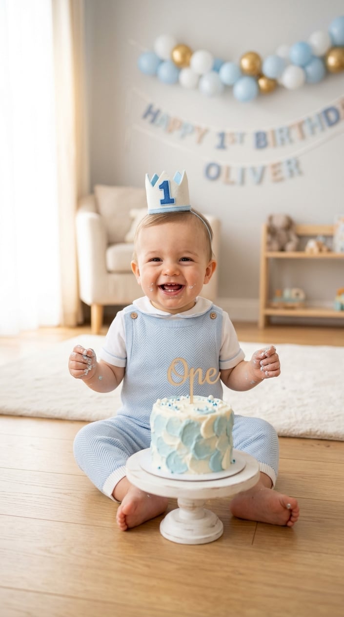 A baby boy sitting on the floor with a small blue and white cake, smiling with frosting on his hands and face.