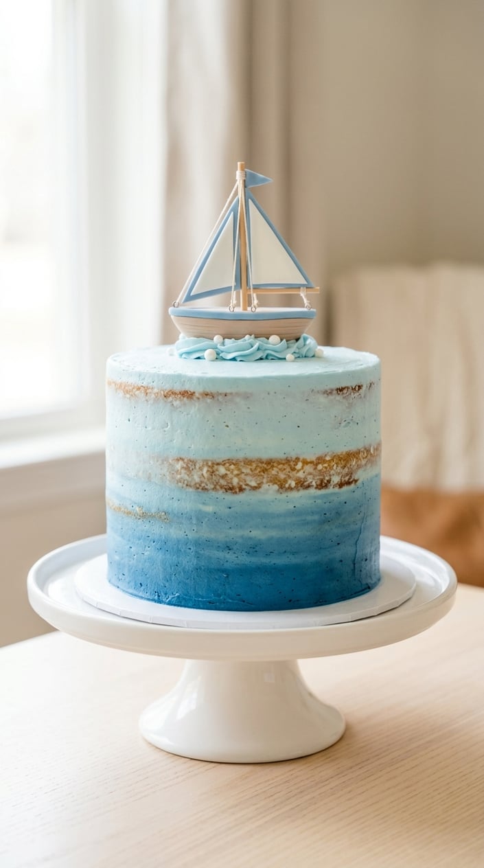 A blue ombré naked smash cake with a fondant sailboat topper on a white cake stand.