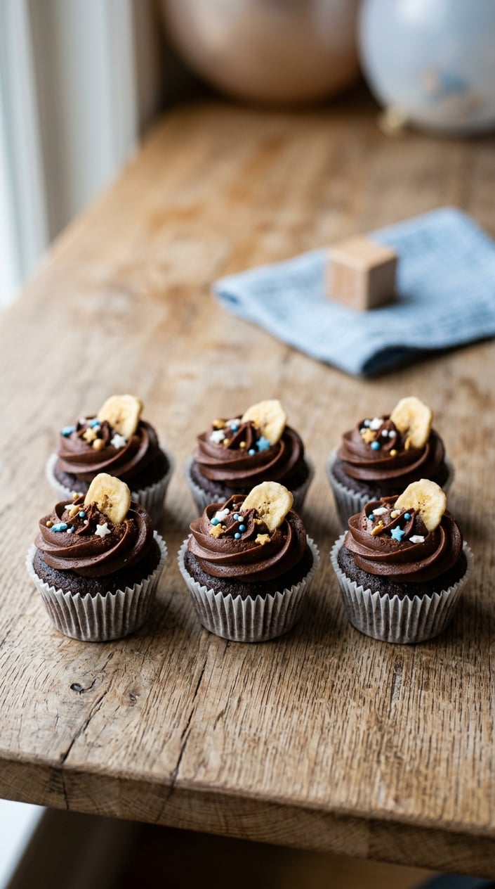 Close-up of mini chocolate banana cupcakes with chocolate frosting and banana slices on a wooden table, with soft natural lighting and a blurred background.