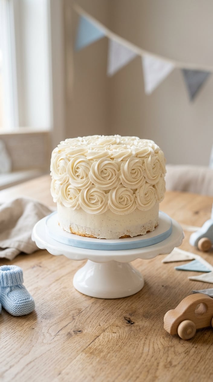 A small vanilla bean chiffon cake with white buttercream rosettes on a white cake stand, surrounded by soft blue baby decorations on a wooden table.