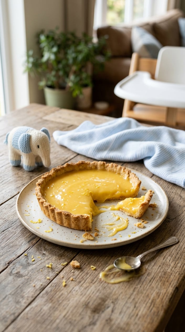 A lemon curd smash tart on a wooden table with baby boy themed decorations in soft blue and white around it.
