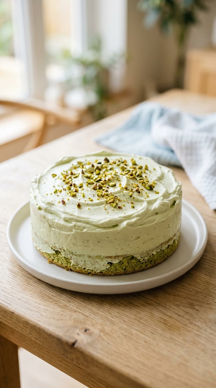 A pistachio sponge cake with pale green whipped frosting on a white plate on a wooden surface.