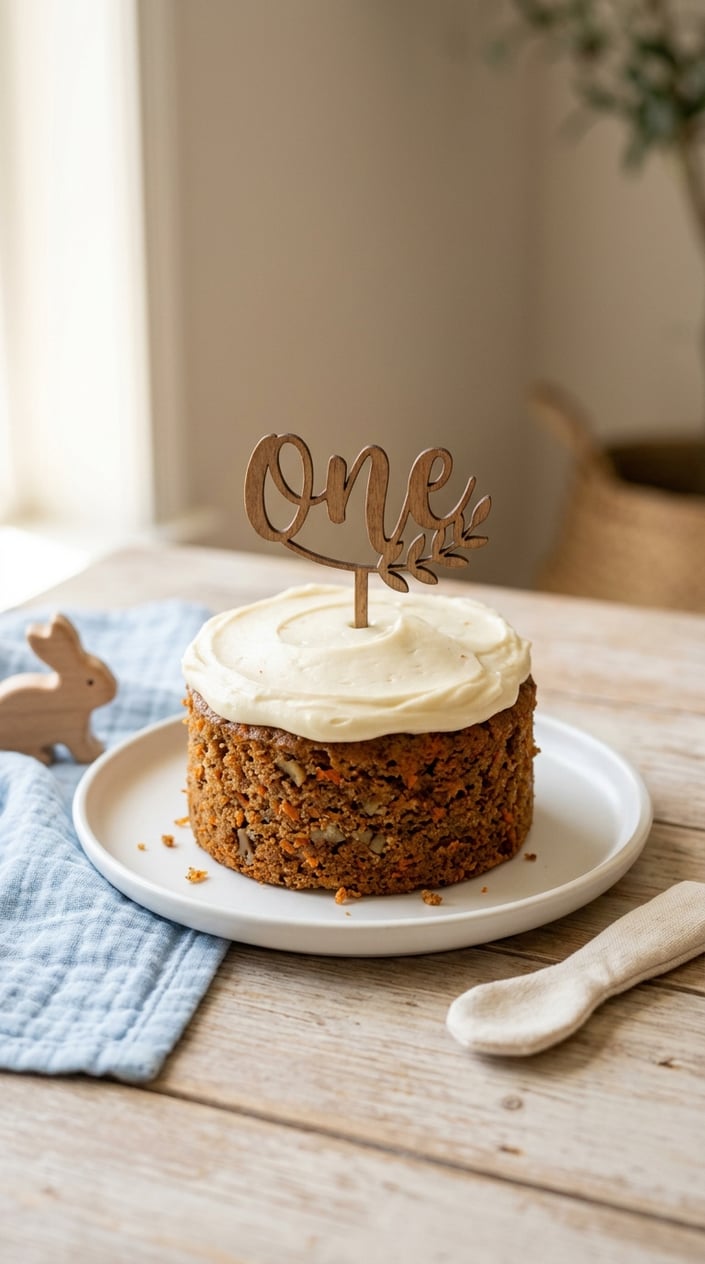 A small carrot cake mini smash cake topped with cream cheese frosting, surrounded by soft blue baby items on a neutral background.